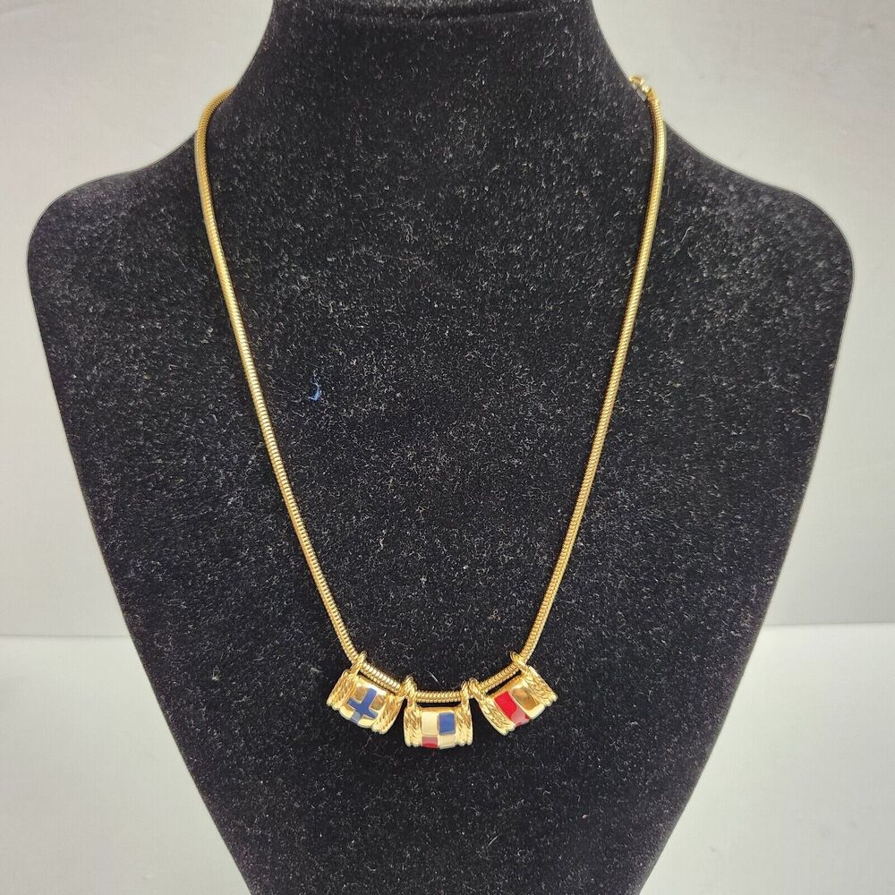 Vintage  Citation Gold Tone Three Pendants Red Blue Cross Necklace NEW